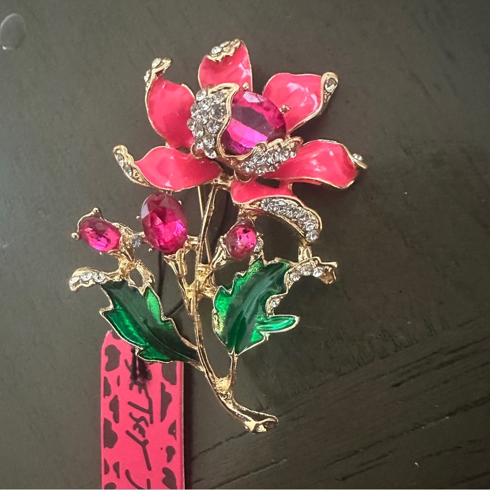 Betsey Johnson Pink and Green Rhinestone Hold Tone Floral Brooch